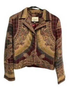 Gist Medium Vintage Paisley Patchwork Button Up Collared Jacket Boho Chic